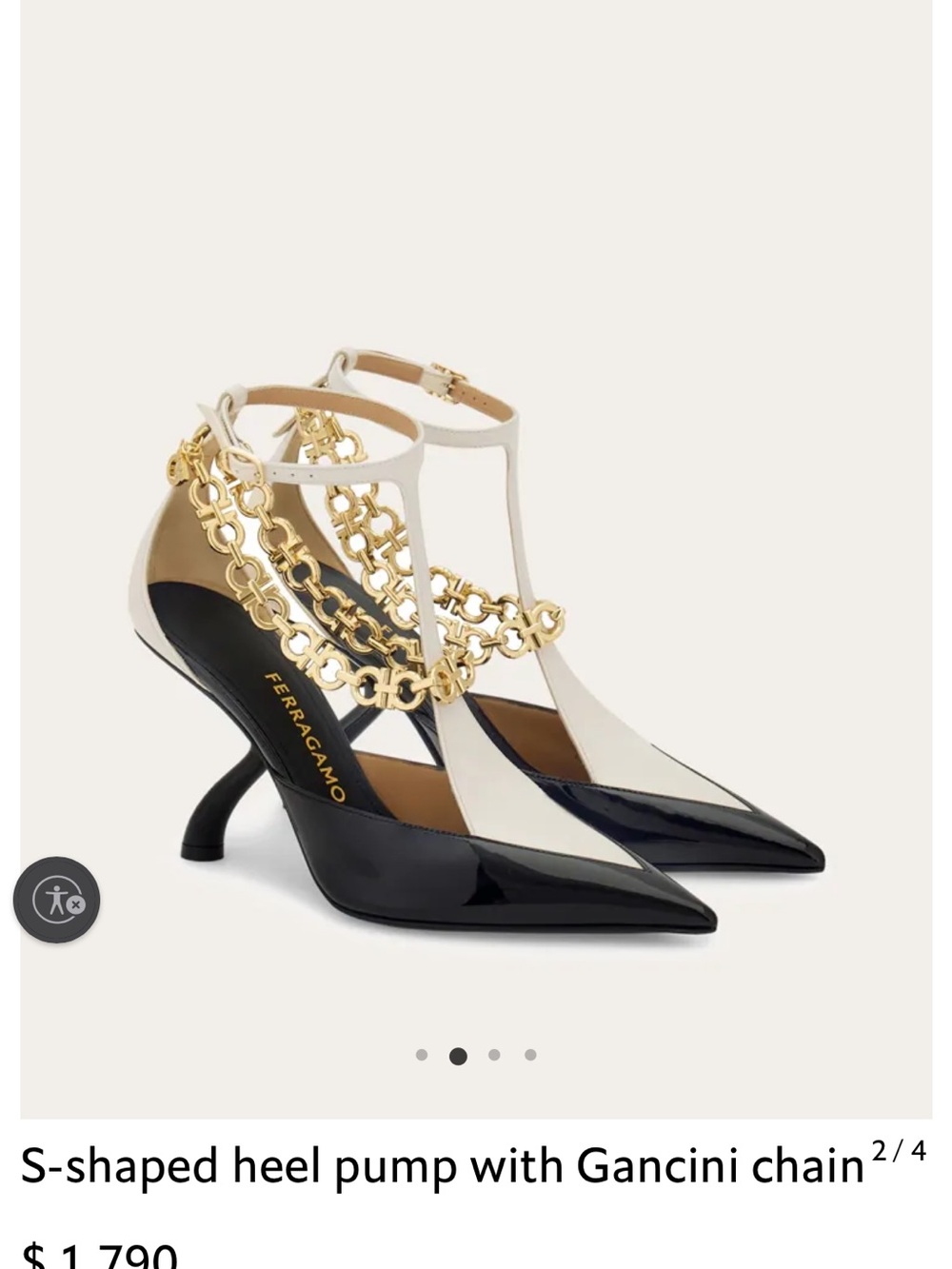 Salvatore Ferragamo Black, White and Gold S-Shaped Heel T-Strap Pumps